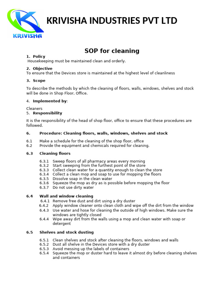 SOP For Cleaning | PDF