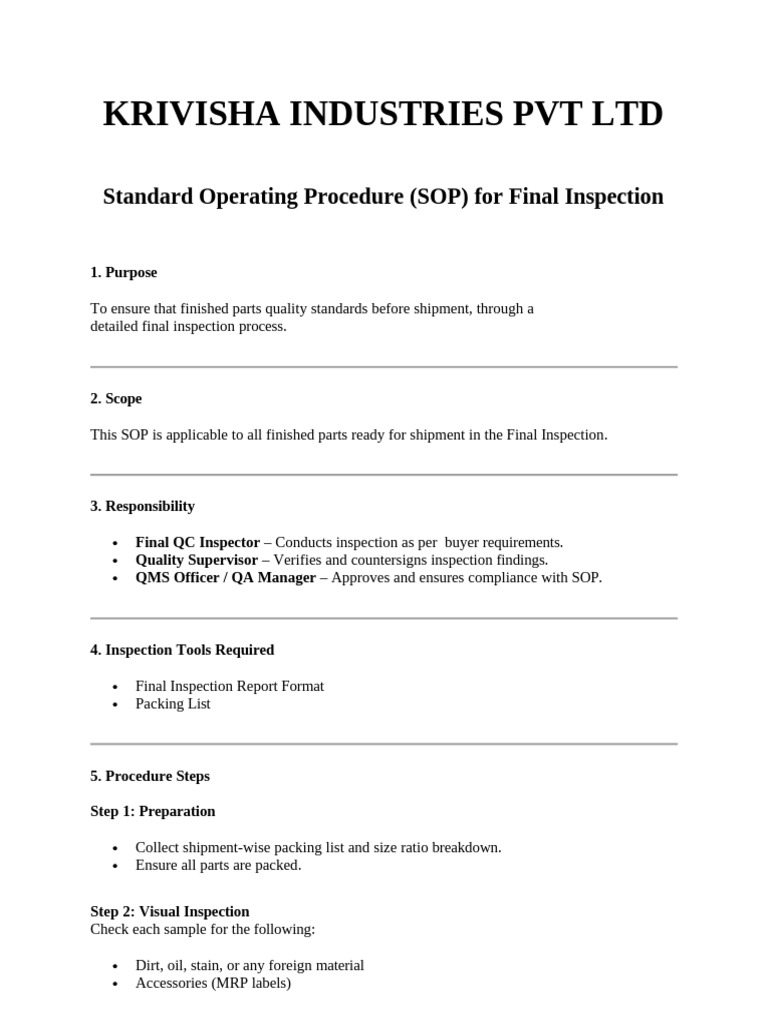SOP For Final Inspection | PDF