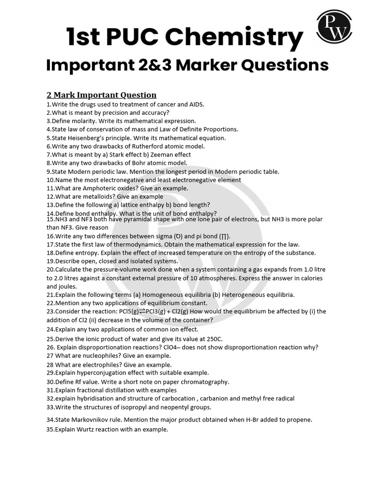 1st PUC Chemistry 2 and 3 Marker Questions | PDF | Chemical Equilibrium ...