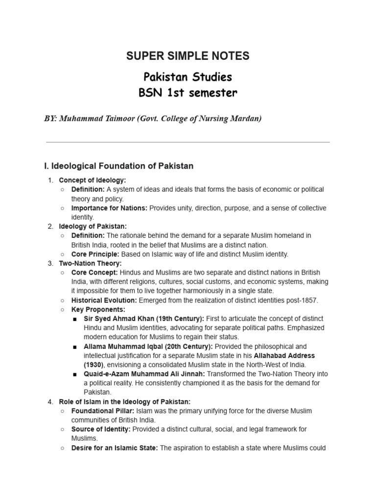 Super Simple Notes of Pak Studies by MT | PDF | Pakistan | Two Nation ...