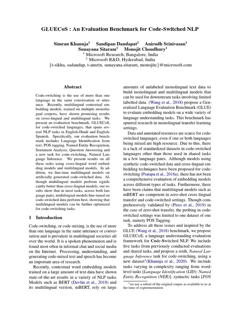 GLUECoS An Evaluation Benchmark For Code-Switched NLP | PDF | Learning ...