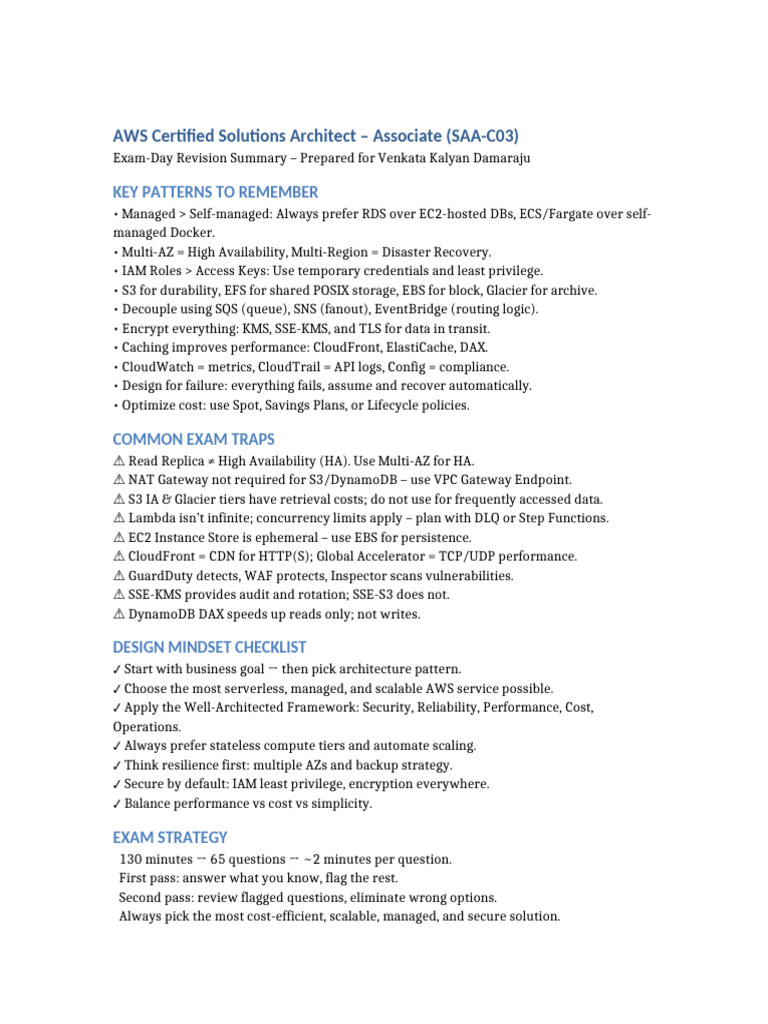 AWS SAA ExamDay Revision Summary | PDF