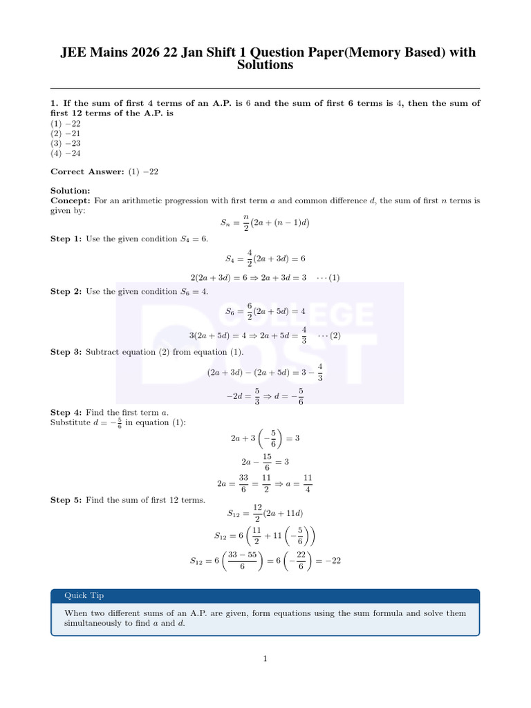Jee Mains 2026 22 January Shift 1 | PDF | Chemistry | Organic Chemistry