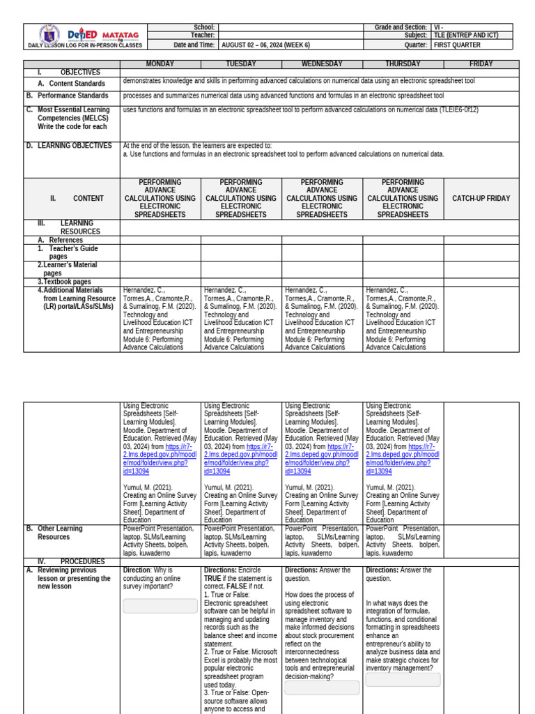 g6 q1w6 DLL Tle - Entrep and Ict (Melcs) | PDF | Spreadsheet ...
