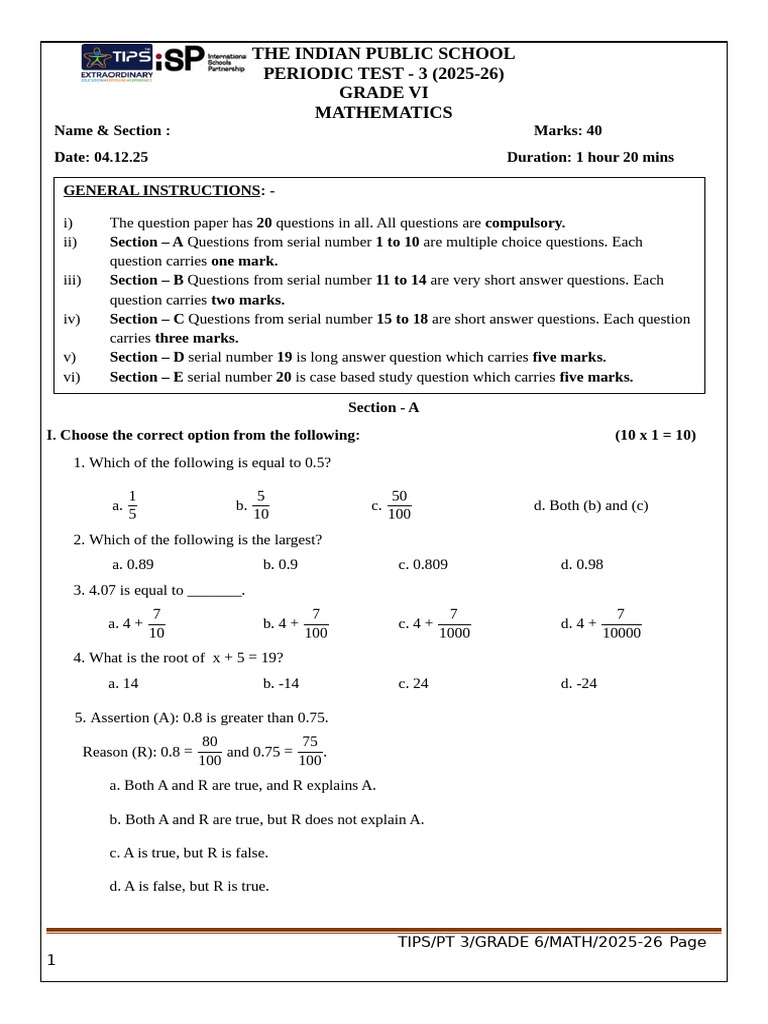 PT 3 QP Math | PDF | Numbers | Algebra