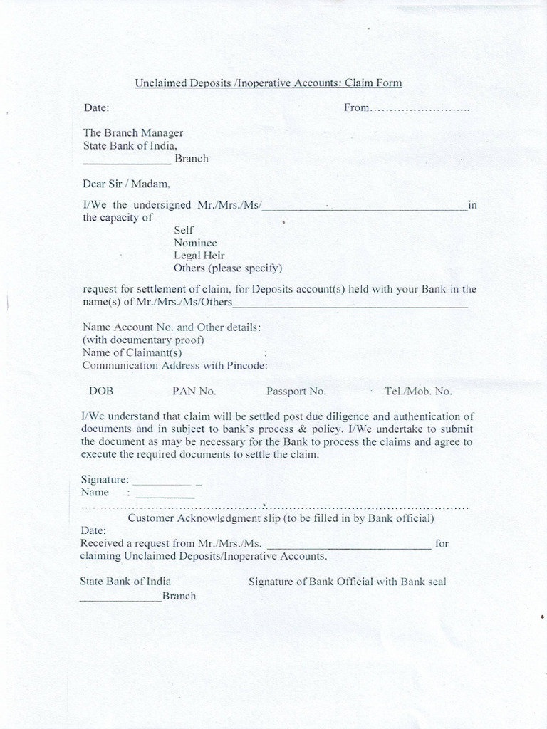 Unclaim Payout Rbi Form | PDF