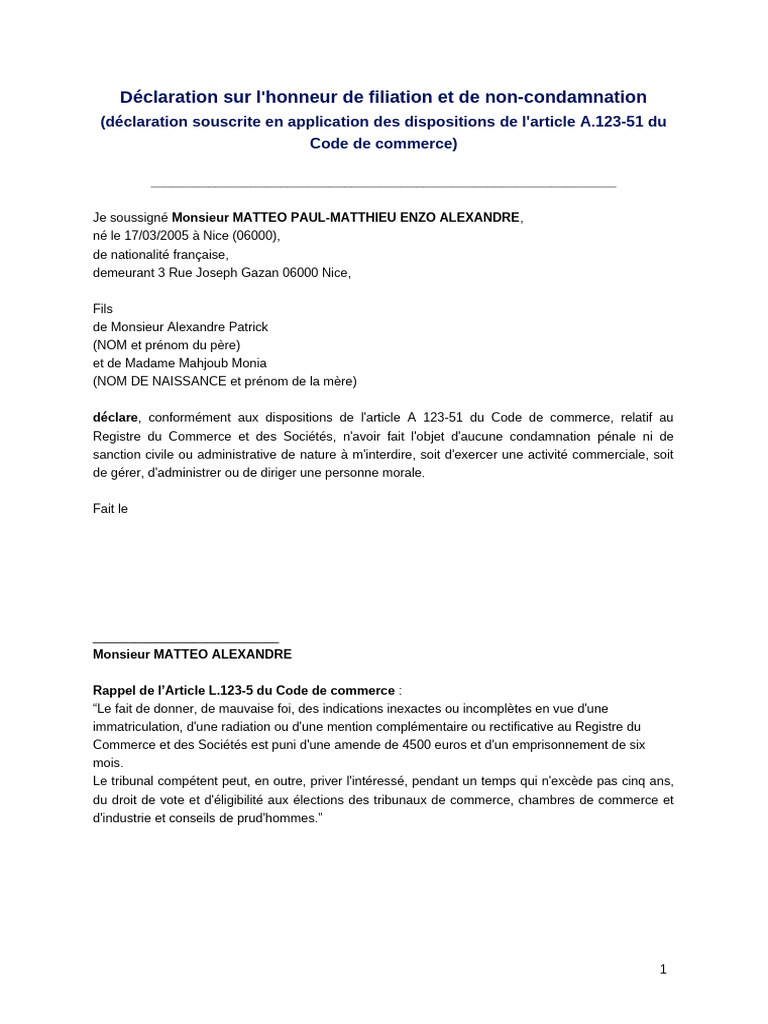 Déclaration Sur L'honneur de Filiation Et de Non-Condamnation | PDF