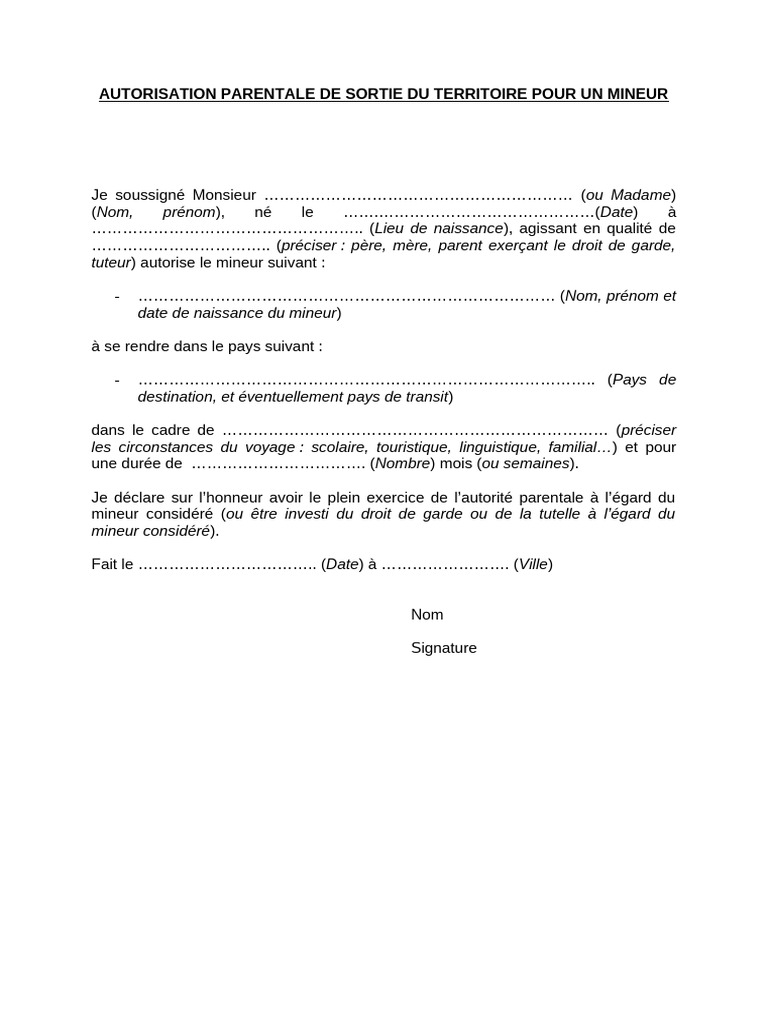 Autorisation Parentale de Sortie Du Territoire Pour Un Mineur | PDF