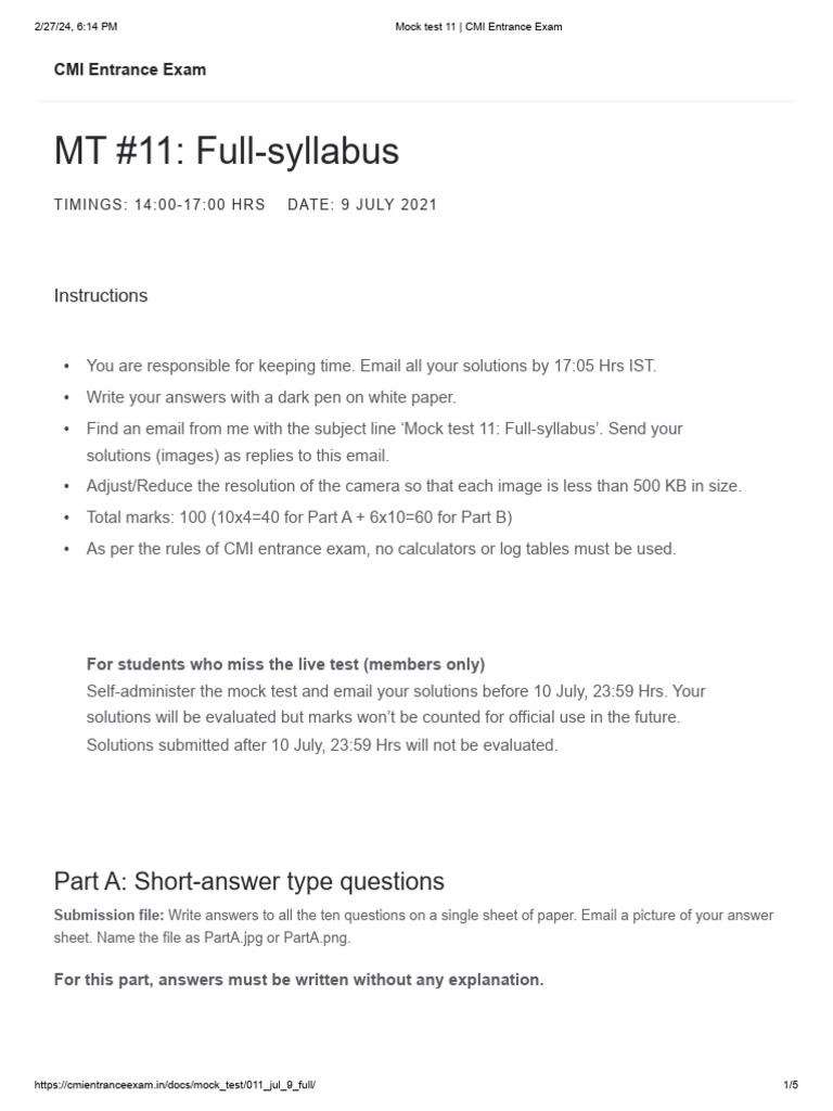 Mock Test 11 - CMI Entrance Exam | PDF | Mathematics | Algebra