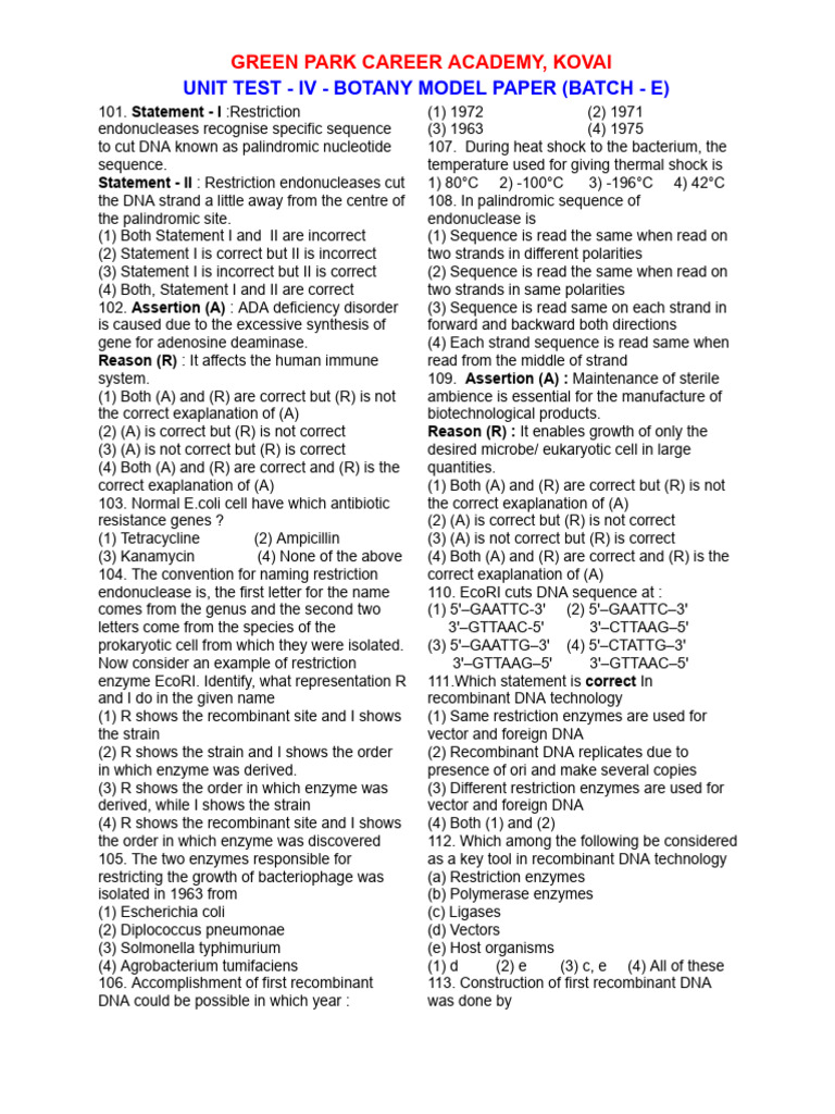 Ut - IV - Batch - e Model Paper - II | PDF | Plasmid | Dna
