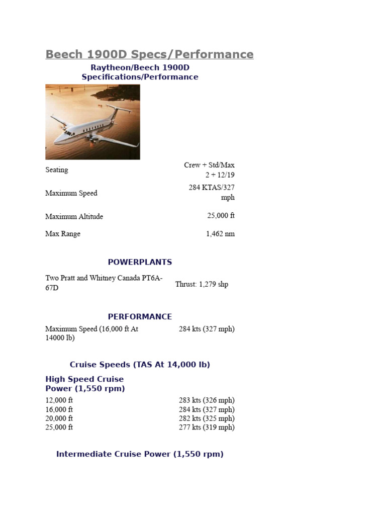 Beech 1900D Specifications | PDF | Flap (Aeronautics) | Aviation