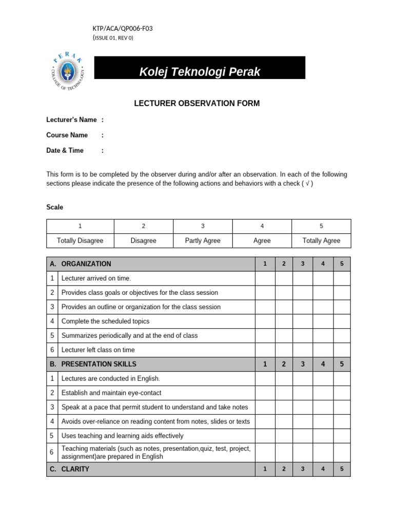 Lecturer Observation Form2 | PDF | Psychological Concepts | Psychology