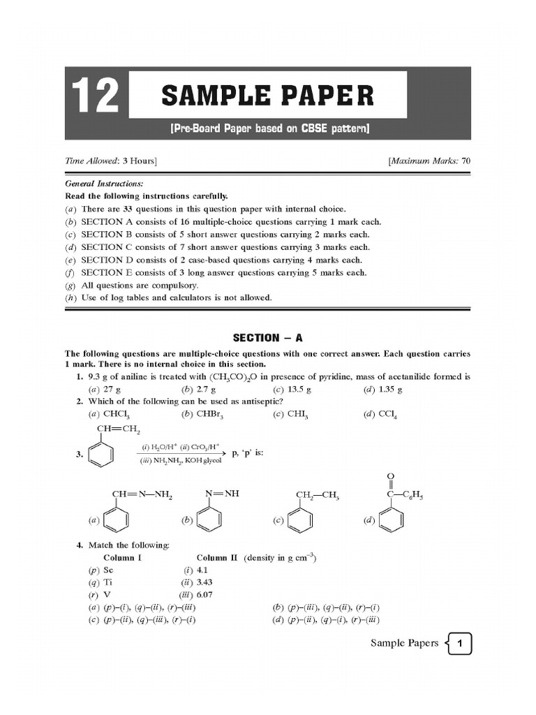 Cbse Cl12 Ead Chemistry Pre-Board Paper 12 | PDF