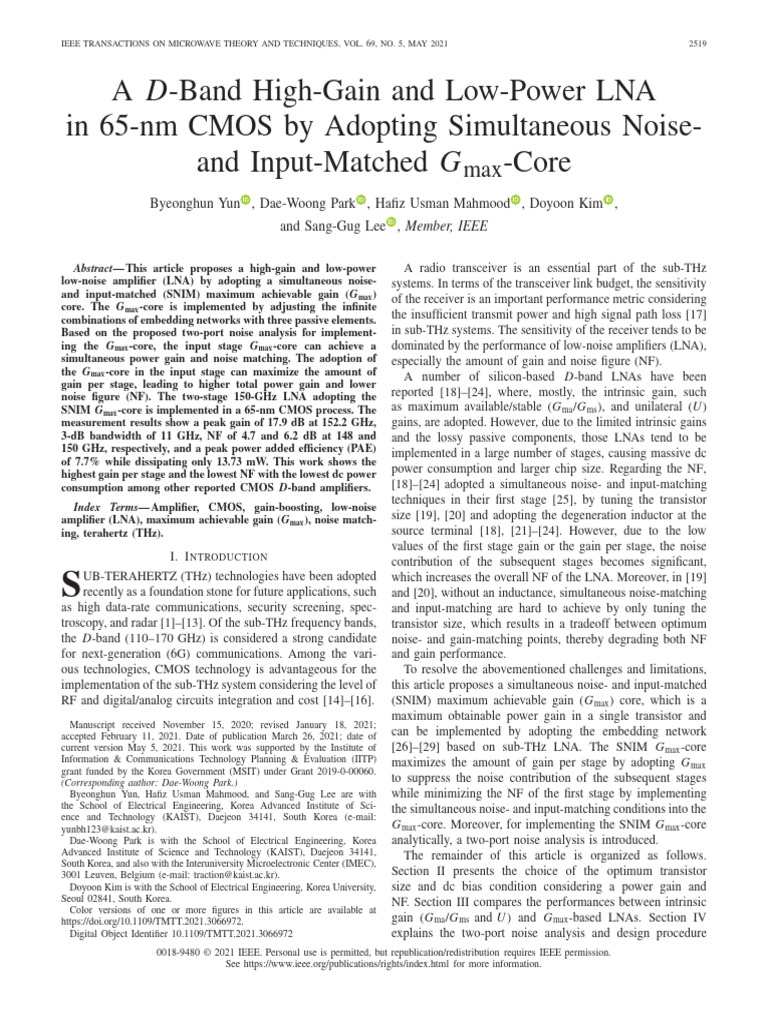 A D Band High Gain and Low Power LNA in 65 Nm CMOS by Adopting ...