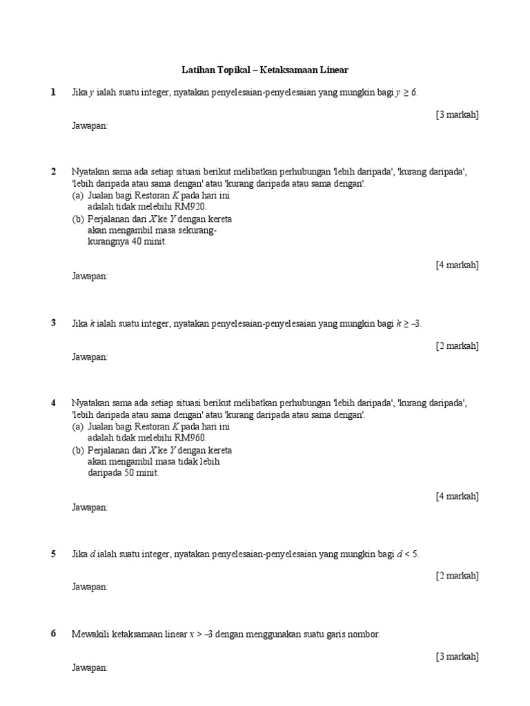 Soalan Ketaksamaan Linear Tingkatan 1 Bersama Dengan Jawapan malaykufa