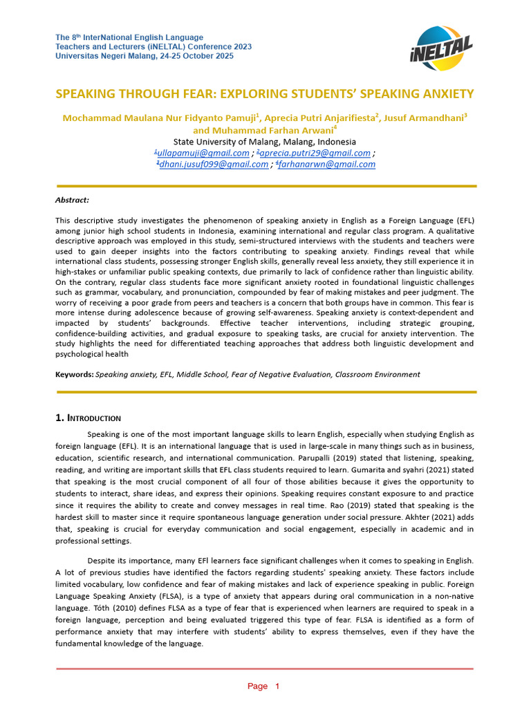 INELTAL - Speaking Through Fear - Exploring Students' Speaking Anxiety ...
