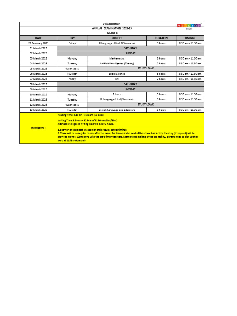 Annexure 1. a. 5 Cbse Grade 8 Yearly Exam Timetable Ay 2024 25 (1) | PDF