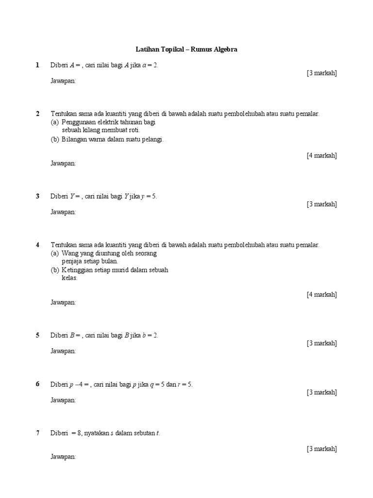 Latihan Topikal Rumus Algebra Pdf