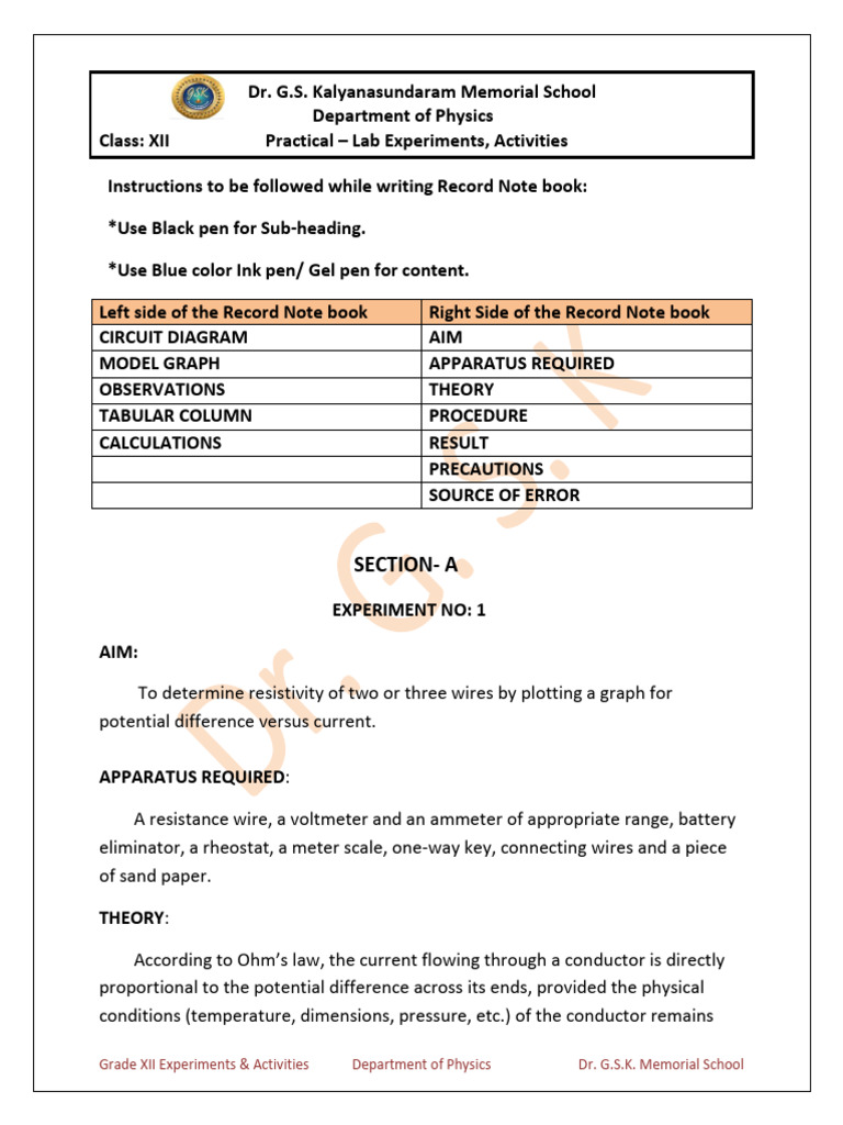 Grade 12 Physics Section A Experiments | PDF | Resistor | Voltage