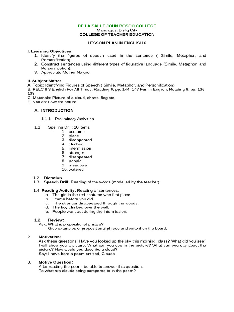 English 6 Lesson Plan (Figures of Speech) | PDF | Metaphor | English ...