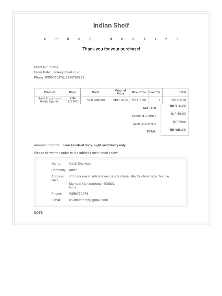 Indianshelf - in Print Receipt 77554 | PDF
