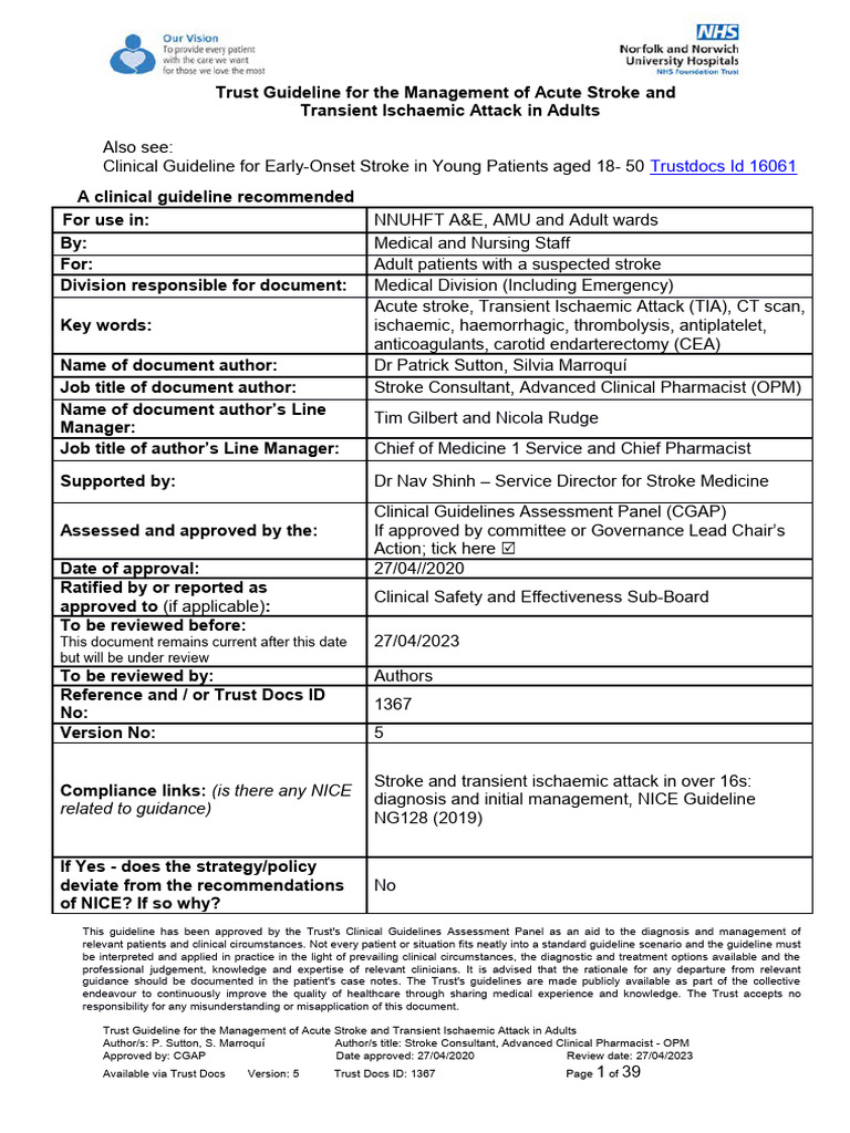 Acute Stroke and Transient Ischaemic Attack in Adults CA5034 v5 1 | PDF ...