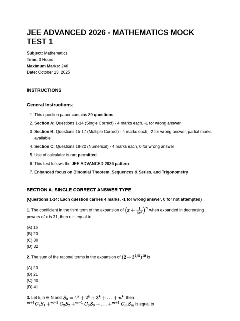 JEE ADVANCED 2026 Mathematics Mock Test 1 Questions | PDF | Numbers ...