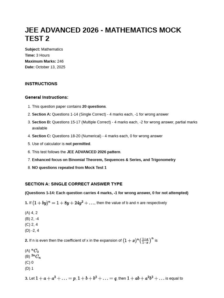 JEE ADVANCED 2026 Mathematics Mock Test 2 Questions | PDF | Discrete ...
