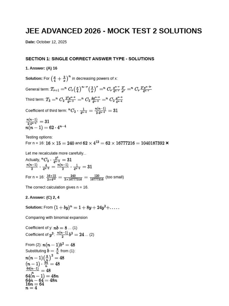 JEE Advanced 2026 Mock Test 2 Solutions | PDF | Quadratic Equation ...
