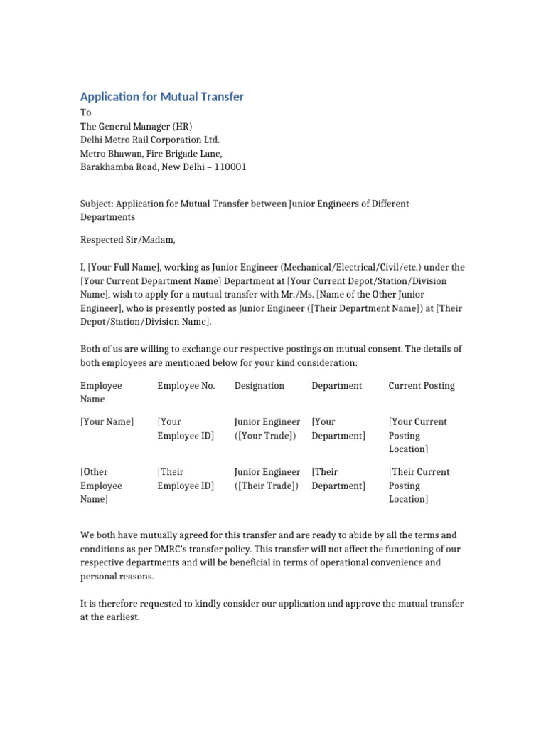 Mutual Transfer Application DMRC | PDF