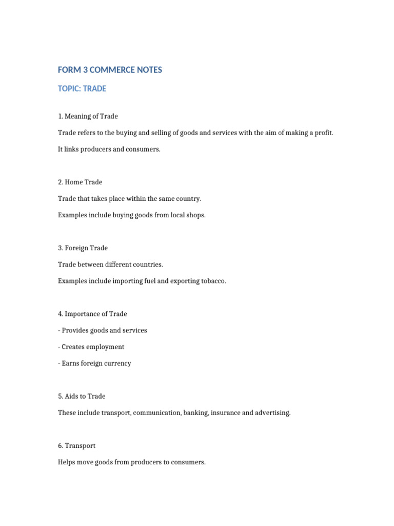 Form 3 Commerce Trade Notes | PDF