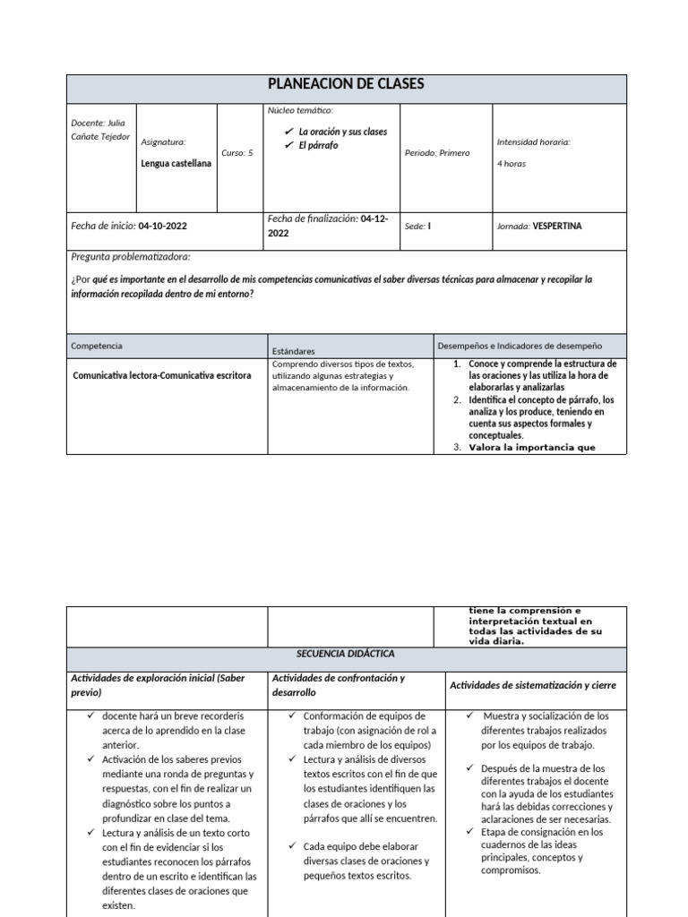 PLANEACION DE CLASES IMPRIMIR KKKKKKKKKKK | PDF | Evaluación ...