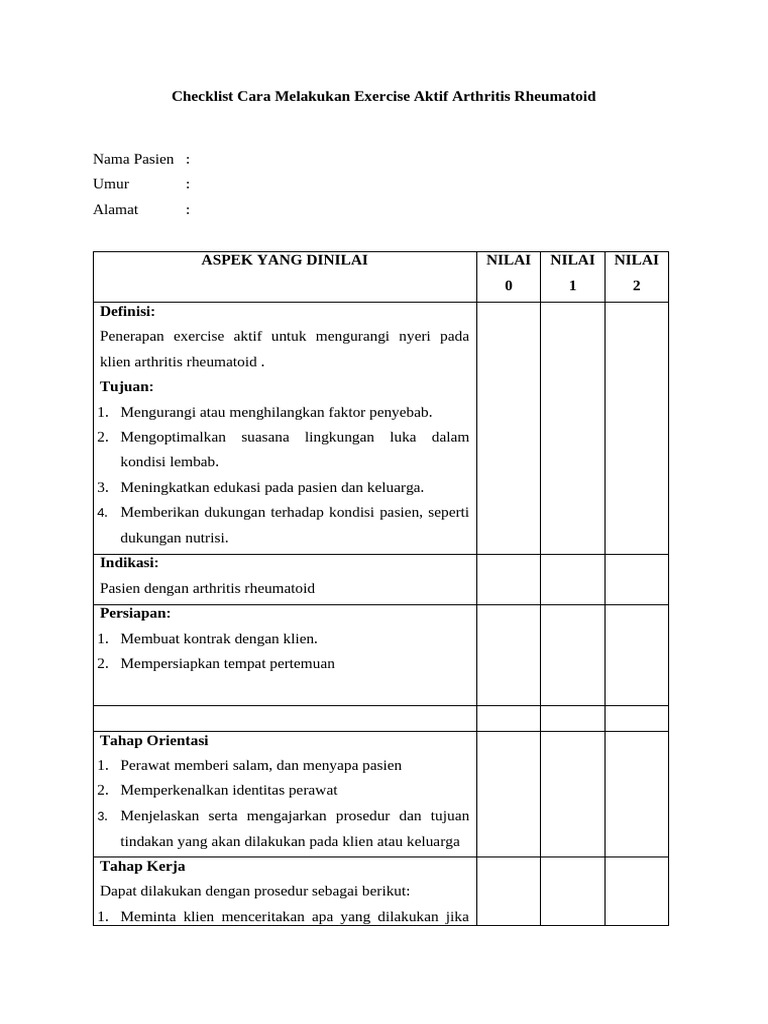 Checklist Arthritis Rheumatoid | PDF