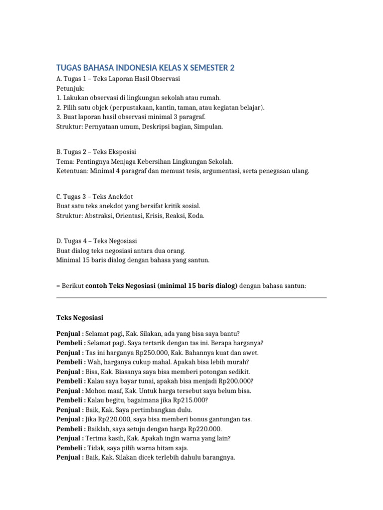 Tugas Bahasa Indonesia Kelas X Semester 2 | PDF