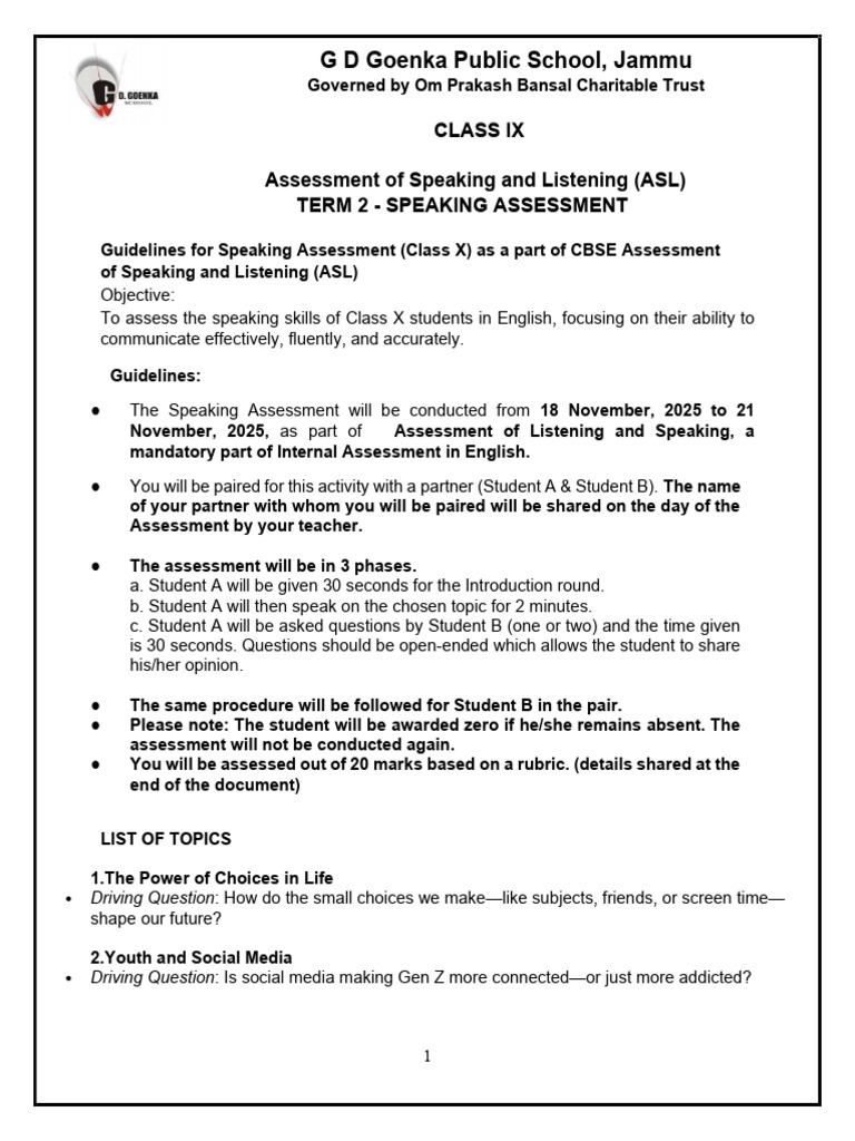 CL Ix Eng. Guidelines - Speaking Assessment Term 2 | PDF | Speech ...