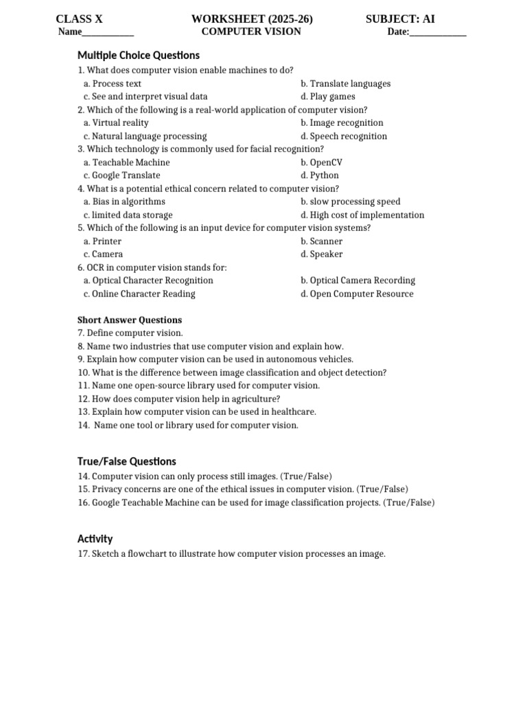 Computer Vision Worksheet 2025-26 | PDF