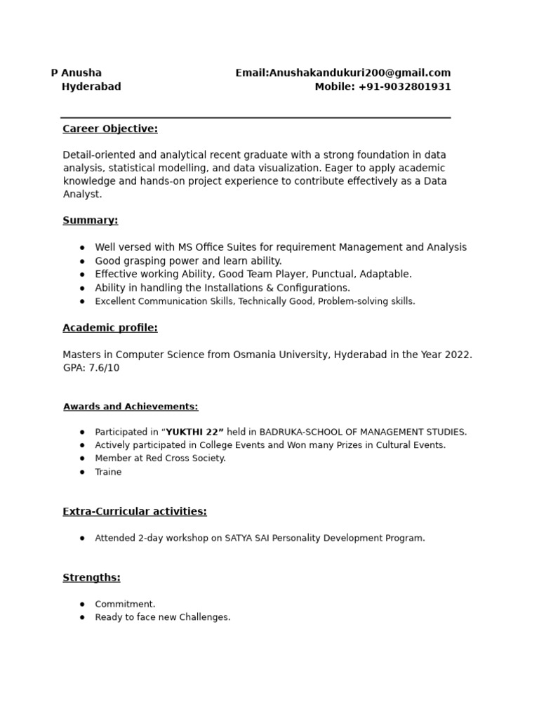 Anusha Fresher Resume 2025 | PDF | Databases | Microsoft Sql Server