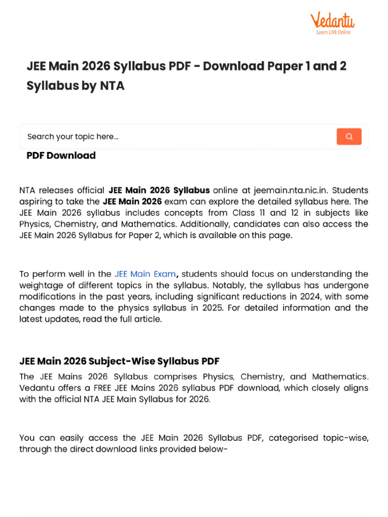 JEE Main 2026 Syllabus PDF - Download Paper 1 and 2 Syllabus by NTA | PDF