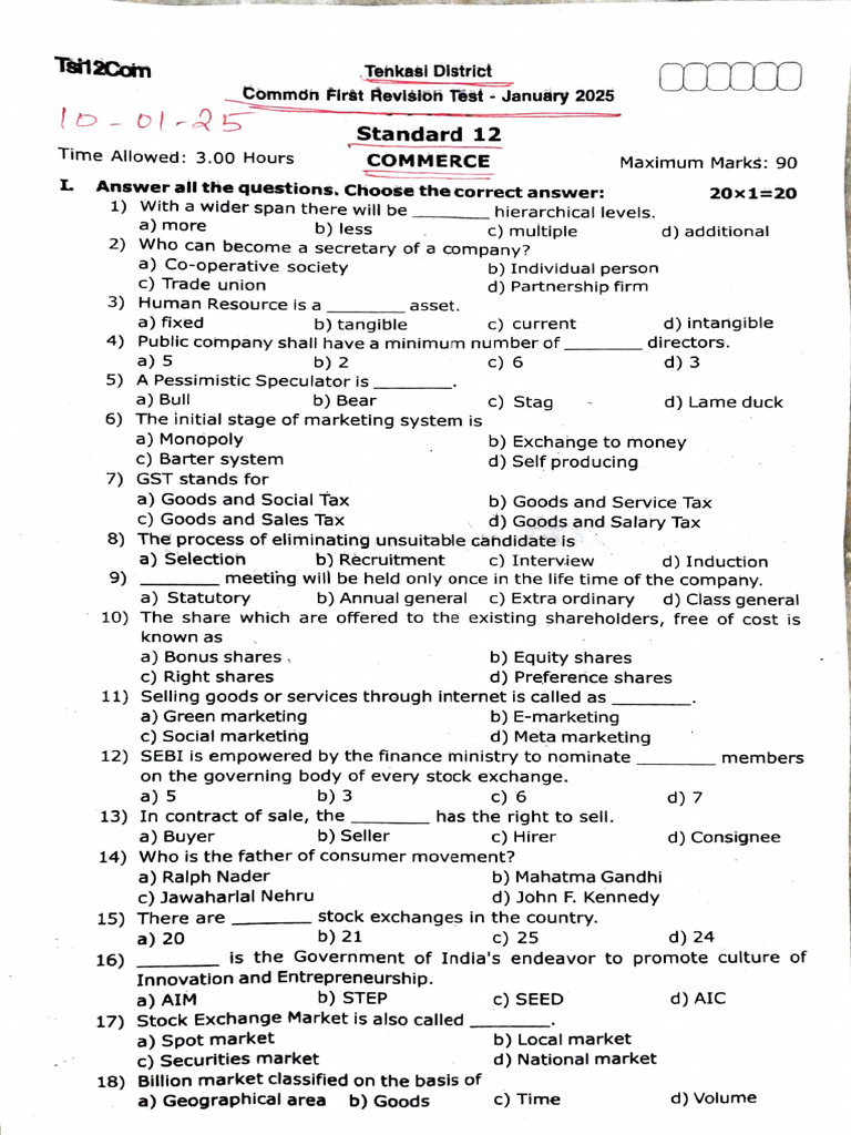 12th Commerce 1st Revision Exam 2025 Original Question Paper Tenkasi ...