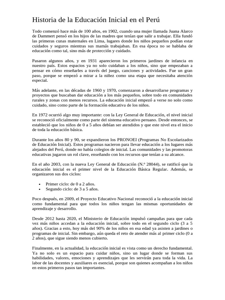 Historia de La Educación Inicial en El Perú | PDF | Educación de la ...