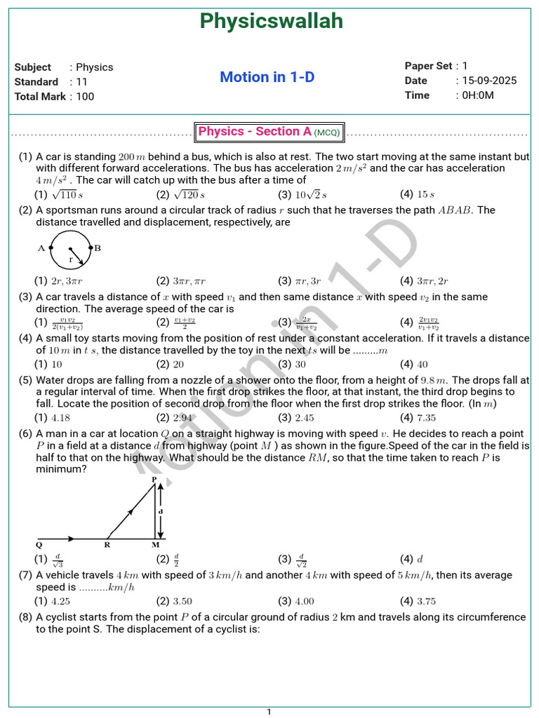Motion in 1-D 926234 1 1757919174 | PDF | Speed | Acceleration