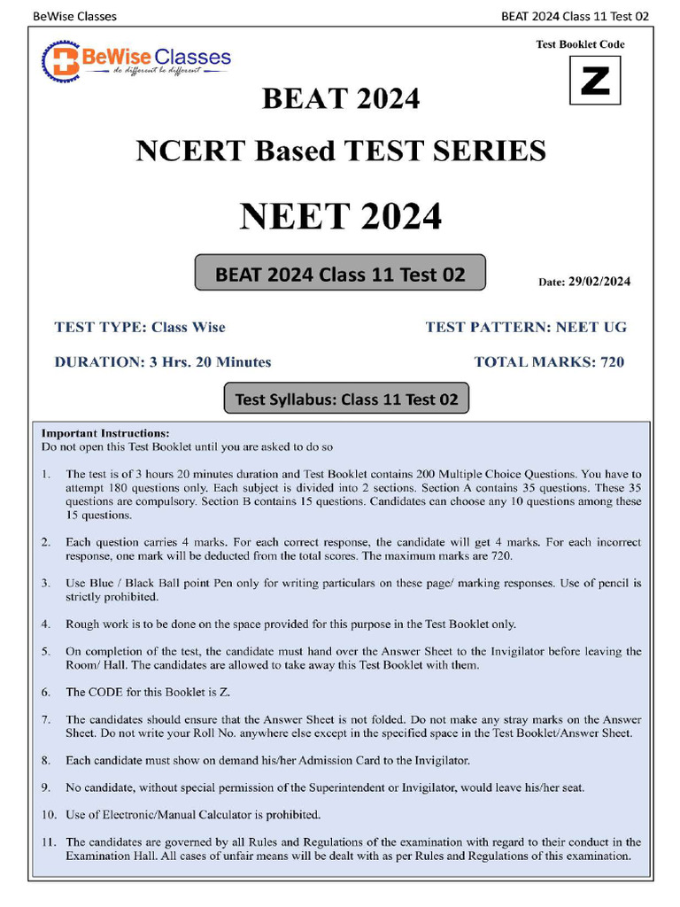 Class Xi Test 02 QP | PDF