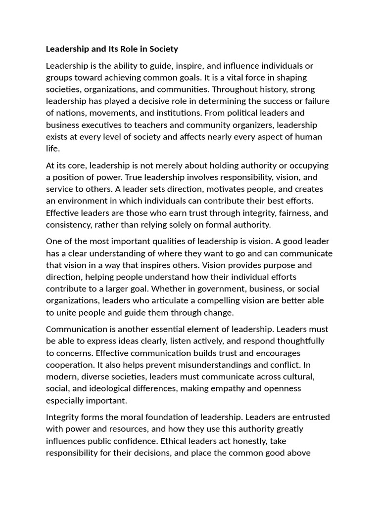 Leadership and Its Role in Society | PDF | Leadership | Social Psychology