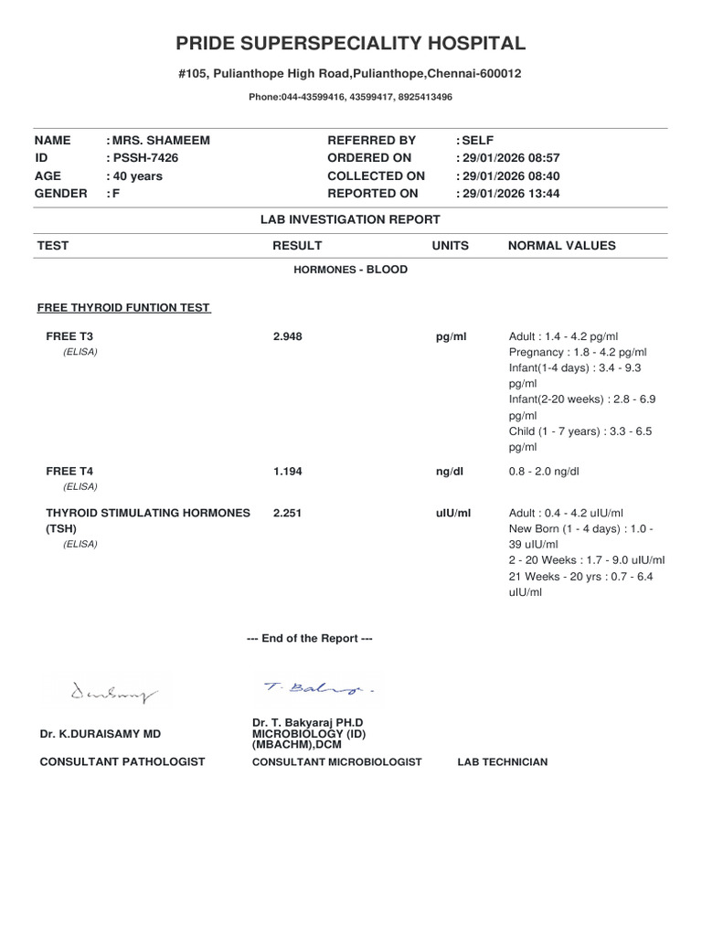 Complete Report 29 Jan 2026 Shameem PSSH-7426 | PDF | Thyroid ...