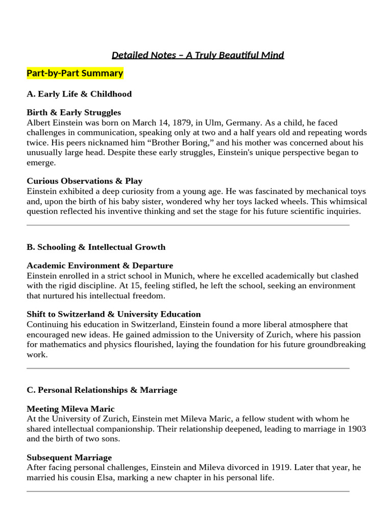 Detailed Notes - A Truly Beautiful Mind | PDF | Albert Einstein ...