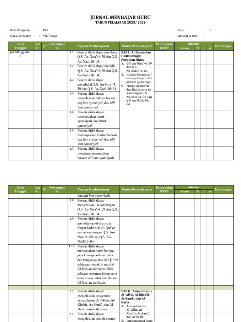 Jurnal Mengajar Guru PAI BP 2025 2026 | PDF