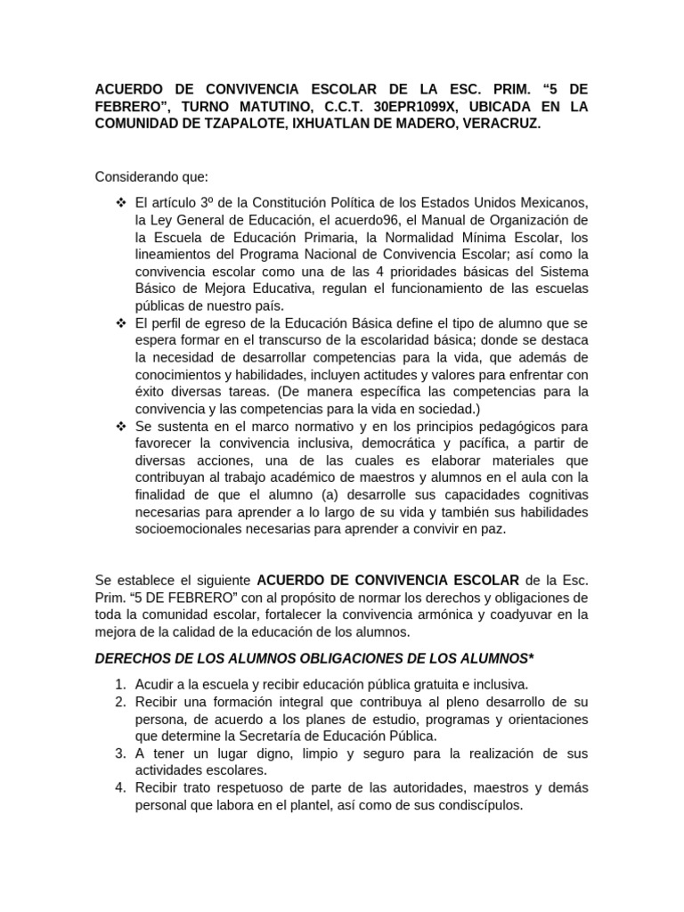 Acuerdo de Convivencia Escolar 30epr1099x | PDF | Educación primaria ...