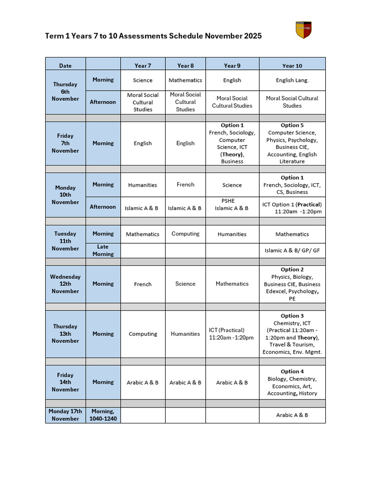 Y7-10 Assessments Schedule November 2025 | PDF | Science | Liberal Arts ...