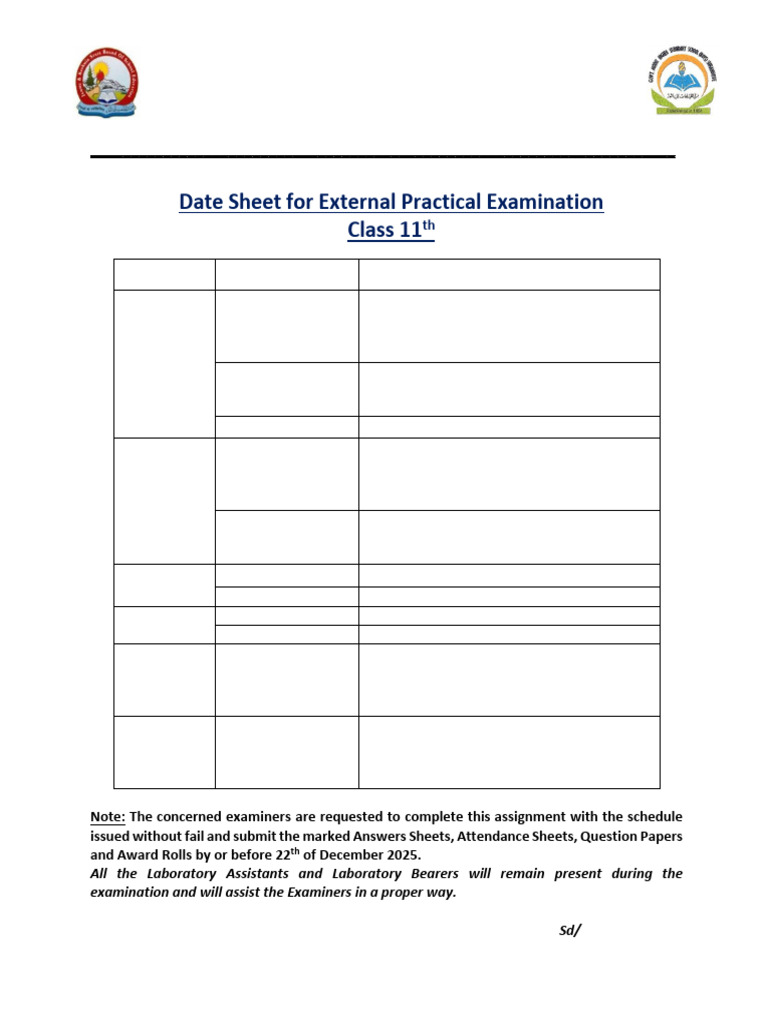 11th External Practical Datesheet HSSB SKT 2025 | PDF
