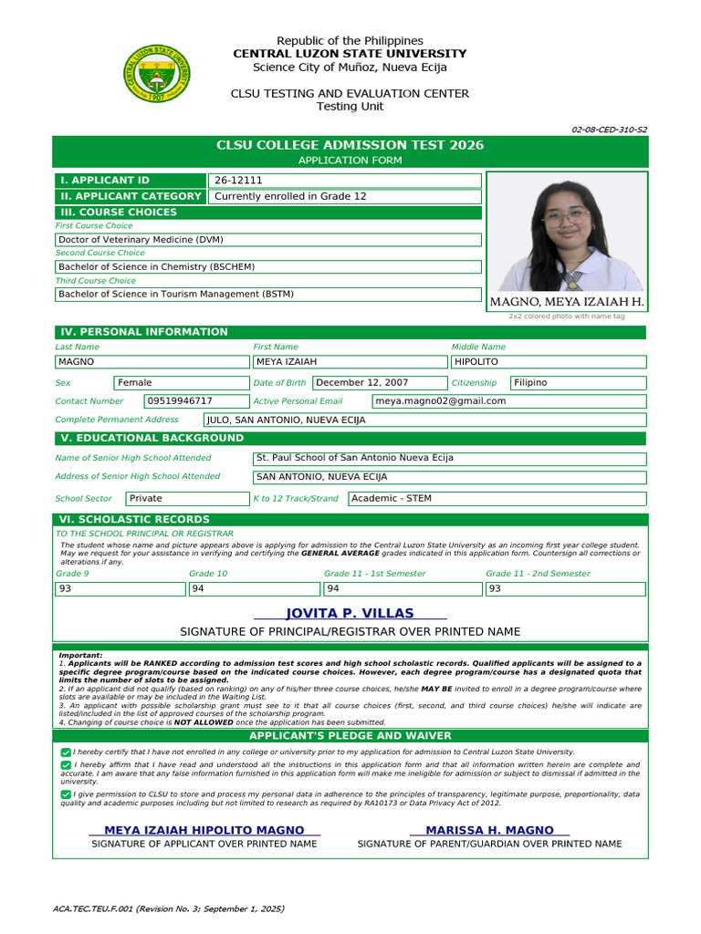2026 CLSU CAT Application Form and Test Permit | PDF